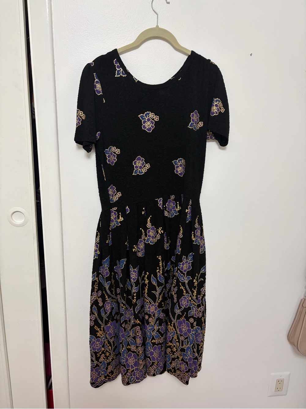 LuLaRoe Black Dress with Purple and Gold Floral Print